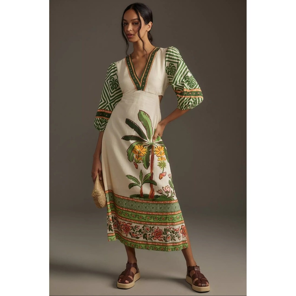 New Farm Rio Maxi Dress Large Palm Linen Blend V-Neck Cutout Puff Sleeve NWT - Picture 1 of 12